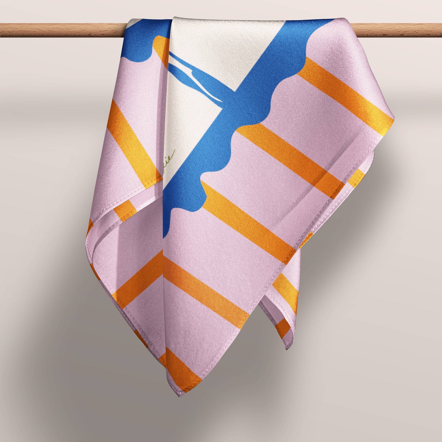 POSTCARD 68 × 68 cm silk scarf in bright pink, orange, and cobalt blue with palm illustration and stamp-inspired border