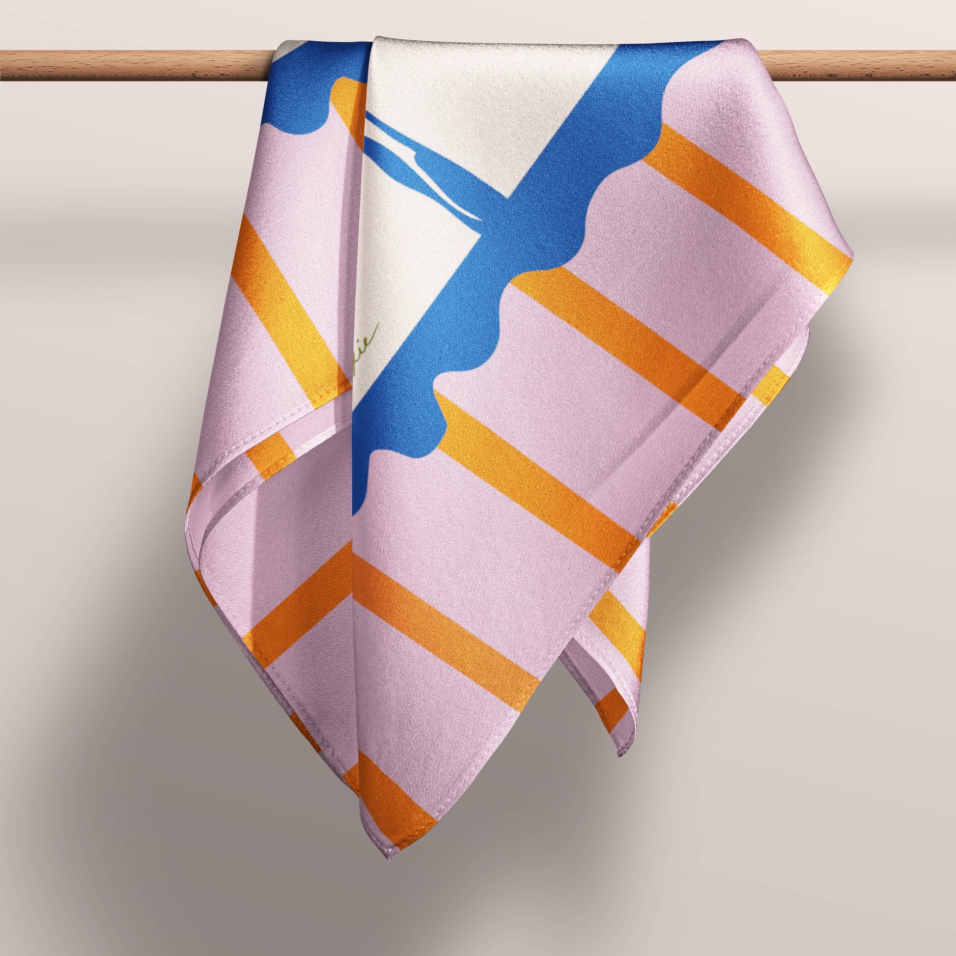 POSTCARD 68 × 68 cm silk scarf in bright pink, orange, and cobalt blue with palm illustration and stamp-inspired border